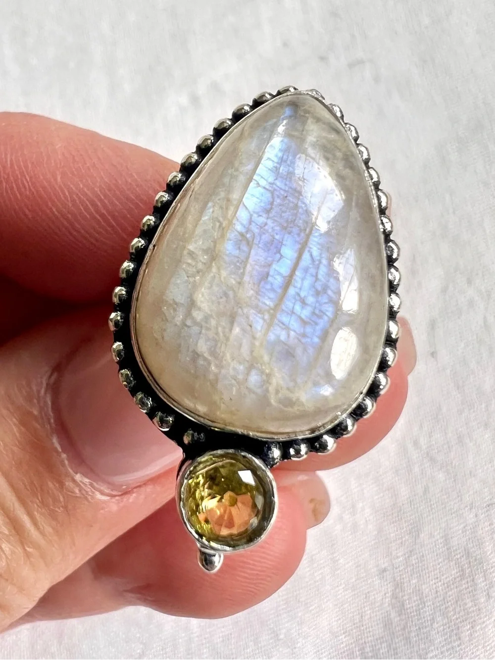 925 Peach Moonstone w/ Iridescent Flash! RIng 9